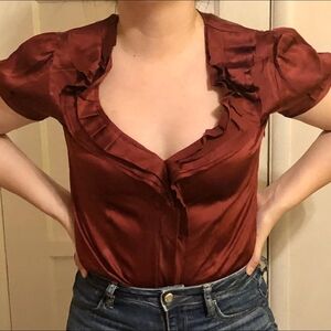 BCBGMaxAzria V-Neck Puff Sleeve Blouse - Merlot color - Size XS